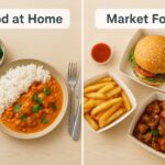 Homemade meal beside takeout containers showing food at home vs market food