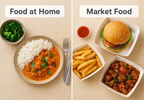 Homemade meal beside takeout containers showing food at home vs market food