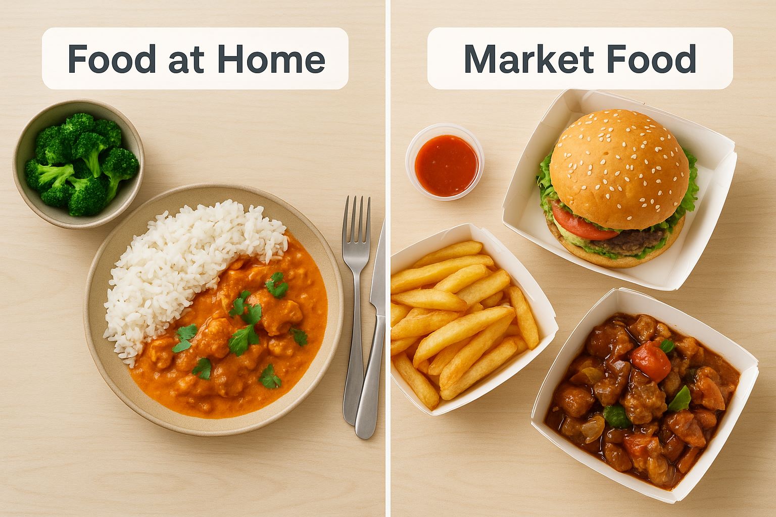 Homemade meal beside takeout containers showing food at home vs market food