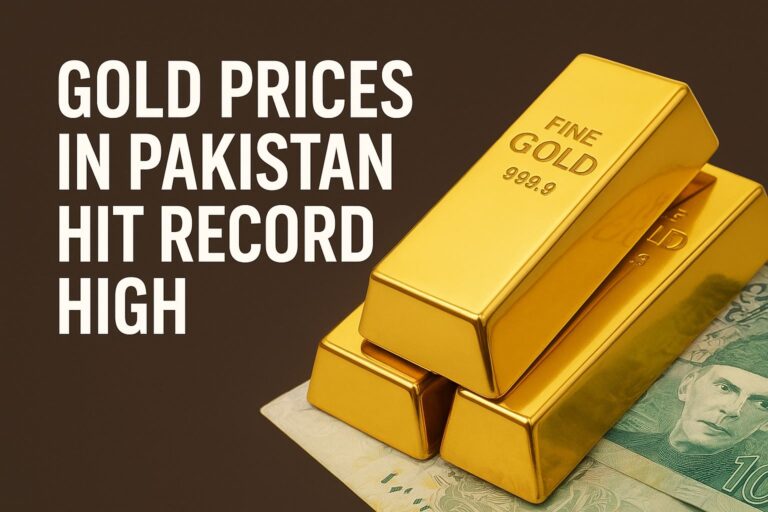 Gold prices in Pakistan hit record high in October 2025 showing gold bars and Pakistani Rupee notes